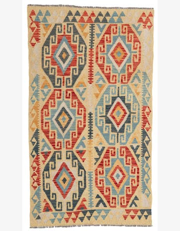 3' 4 x 6' 9 Hand Woven Kilim Maymana Wool Runner Rug