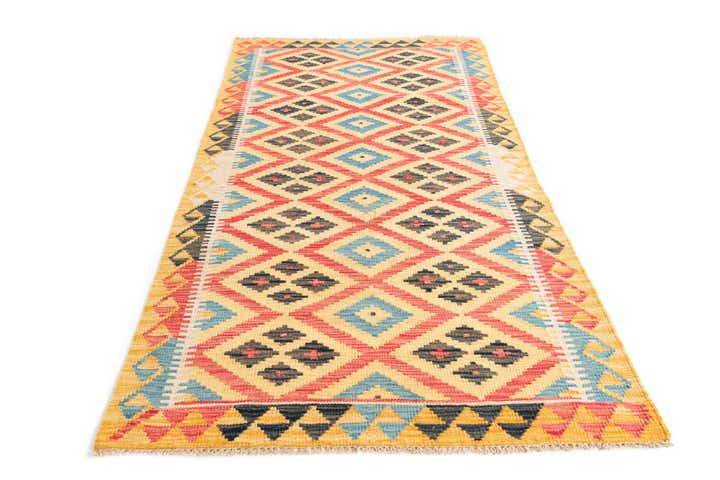 3' 4 x 6' 8 Hand Woven Kilim Maymana Wool Runner Rug