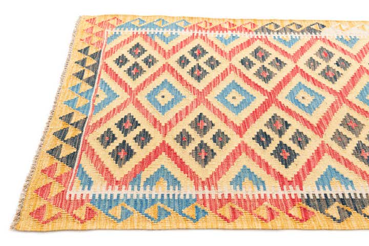 3' 4 x 6' 8 Hand Woven Kilim Maymana Wool Runner Rug