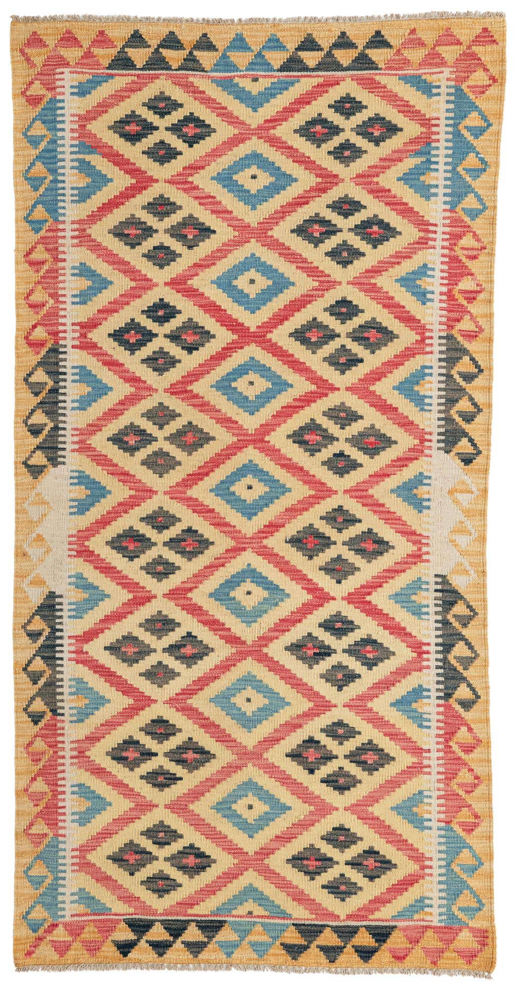 3' 4 x 6' 8 Hand Woven Kilim Maymana Wool Runner Rug