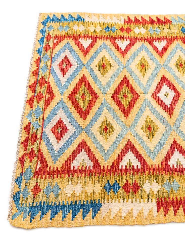 Detail image of 3' 2 x 6' 9  Hand Woven Kilim Maymana Wool Runner Rug