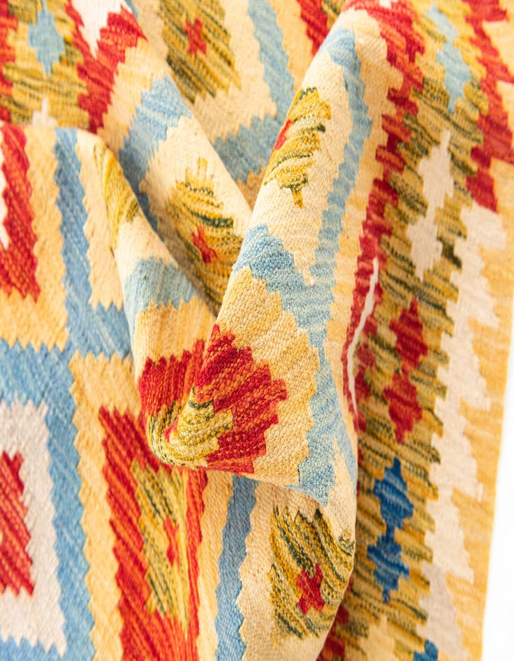 Detail image of 3' 2 x 6' 9  Hand Woven Kilim Maymana Wool Runner Rug