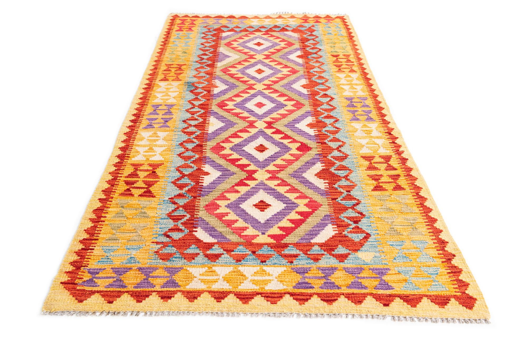 3' 4 x 6' 9 Hand Woven Kilim Maymana Wool Runner Rug