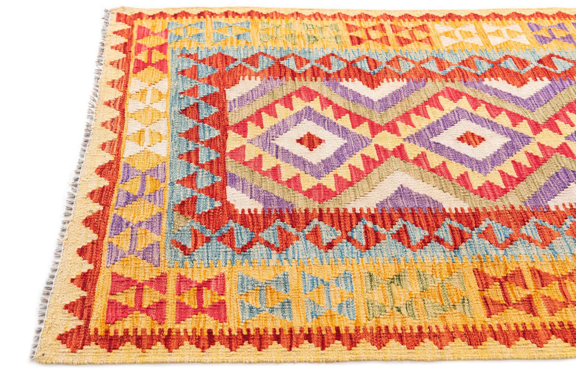 3' 4 x 6' 9 Hand Woven Kilim Maymana Wool Runner Rug
