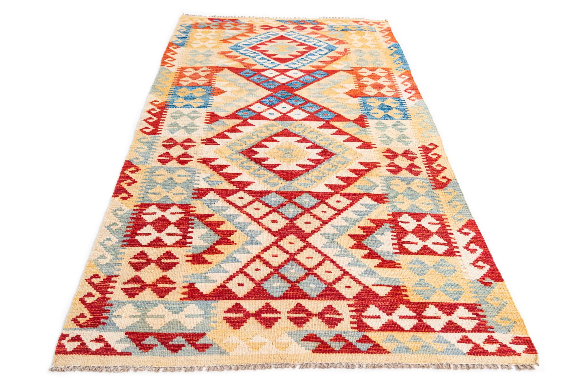 3' 5 x 7' Hand Woven Kilim Maymana Wool Runner Rug