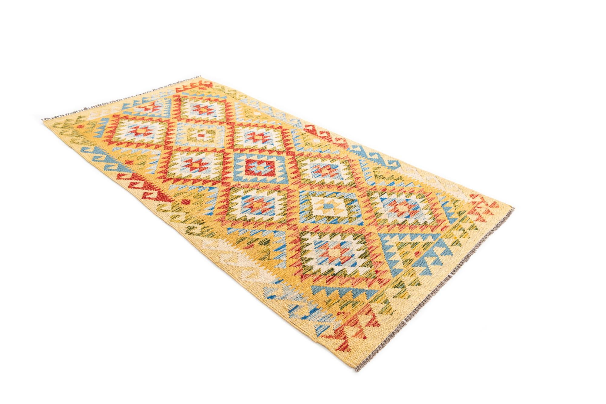 3' 4 x 6' 8 Hand Woven Kilim Maymana Wool Runner Rug