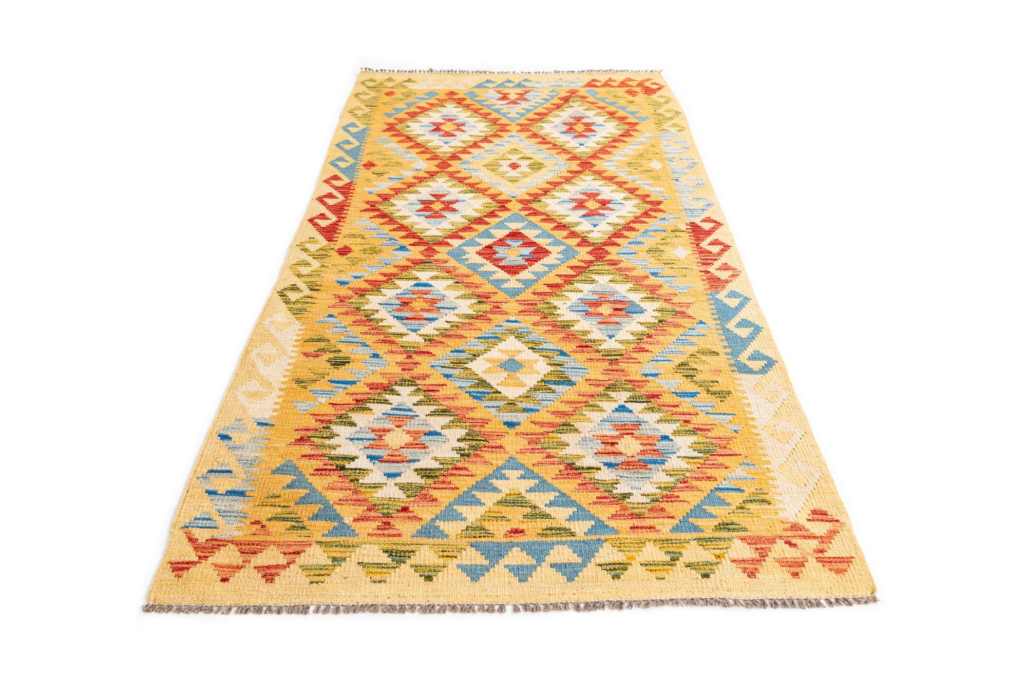 3' 4 x 6' 8 Hand Woven Kilim Maymana Wool Runner Rug