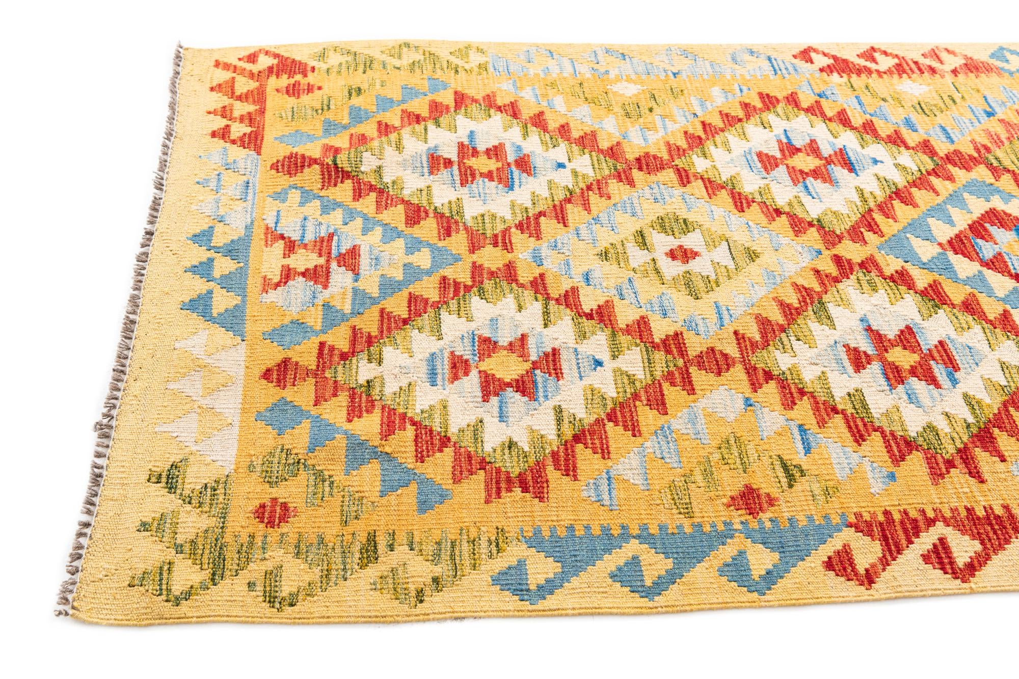 3' 4 x 6' 8 Hand Woven Kilim Maymana Wool Runner Rug