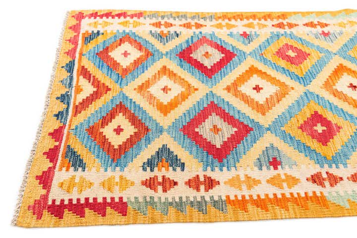 3' 2 x 6' 6 Hand Woven Kilim Maymana Wool Runner Rug