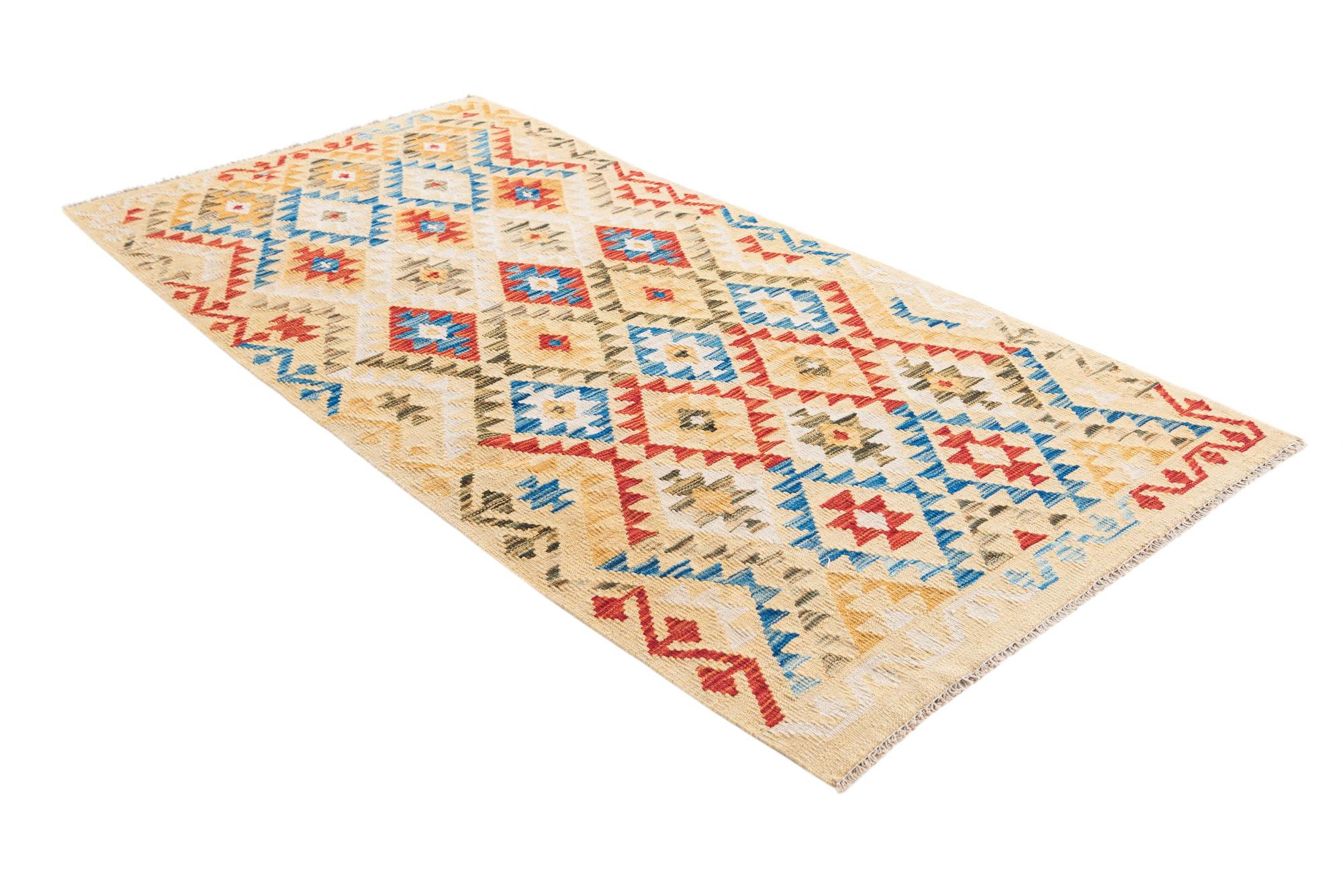 3' 5 x 6' 8 Hand Woven Kilim Maymana Wool Runner Rug