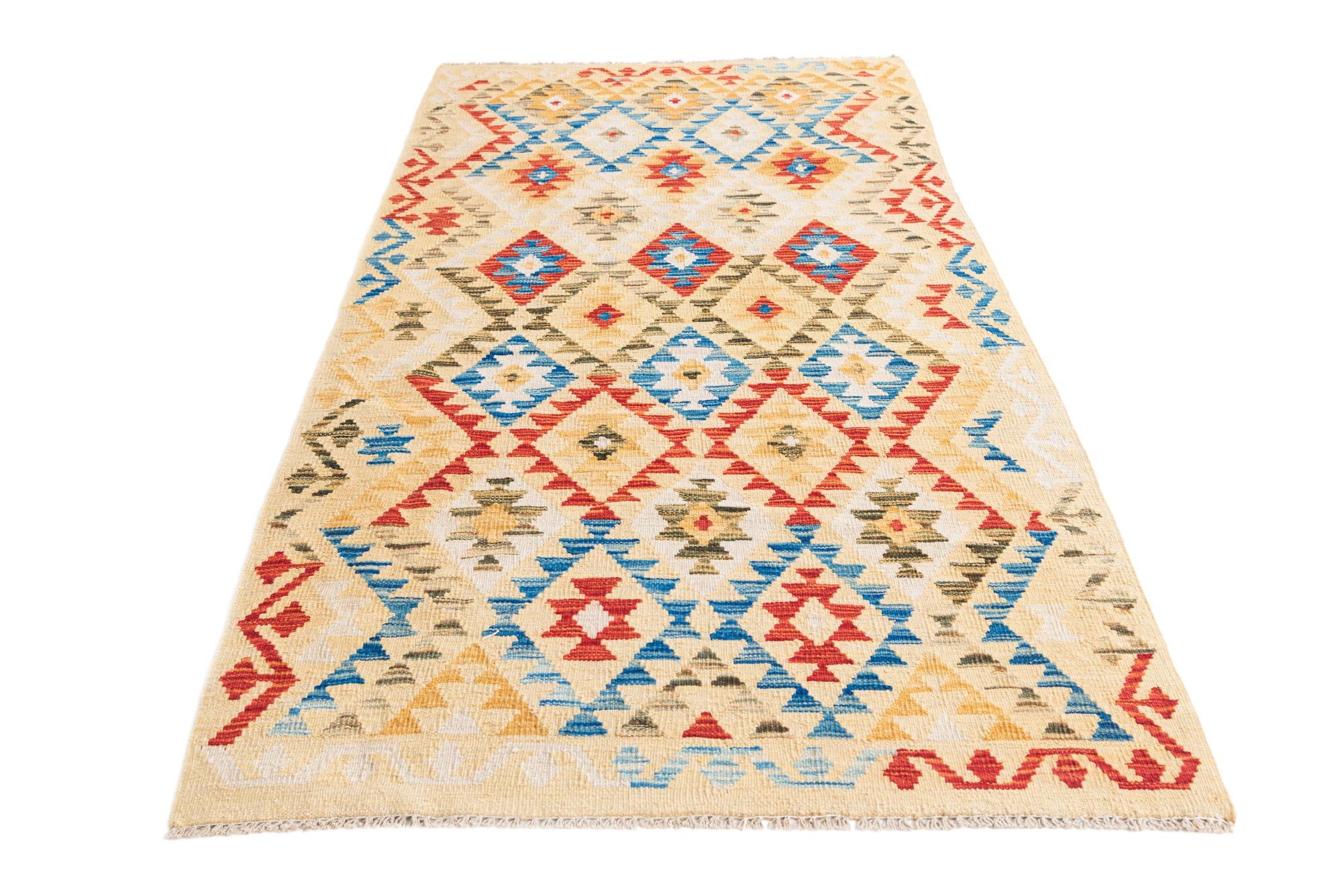 3' 5 x 6' 8 Hand Woven Kilim Maymana Wool Runner Rug