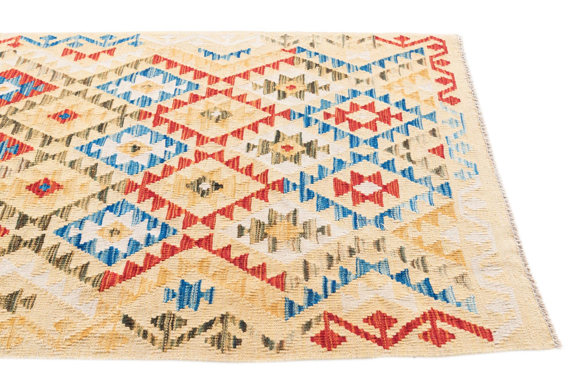 3' 5 x 6' 8 Hand Woven Kilim Maymana Wool Runner Rug