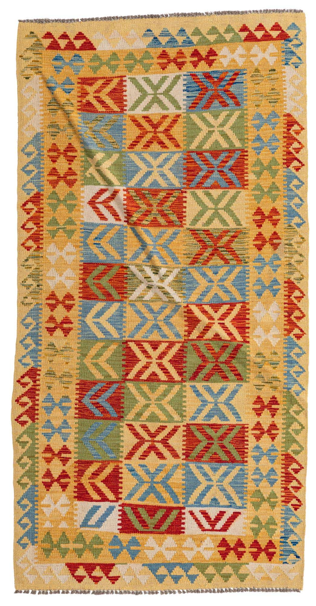 3' 5 x 6' 8 Hand Woven Kilim Maymana Wool Runner Rug