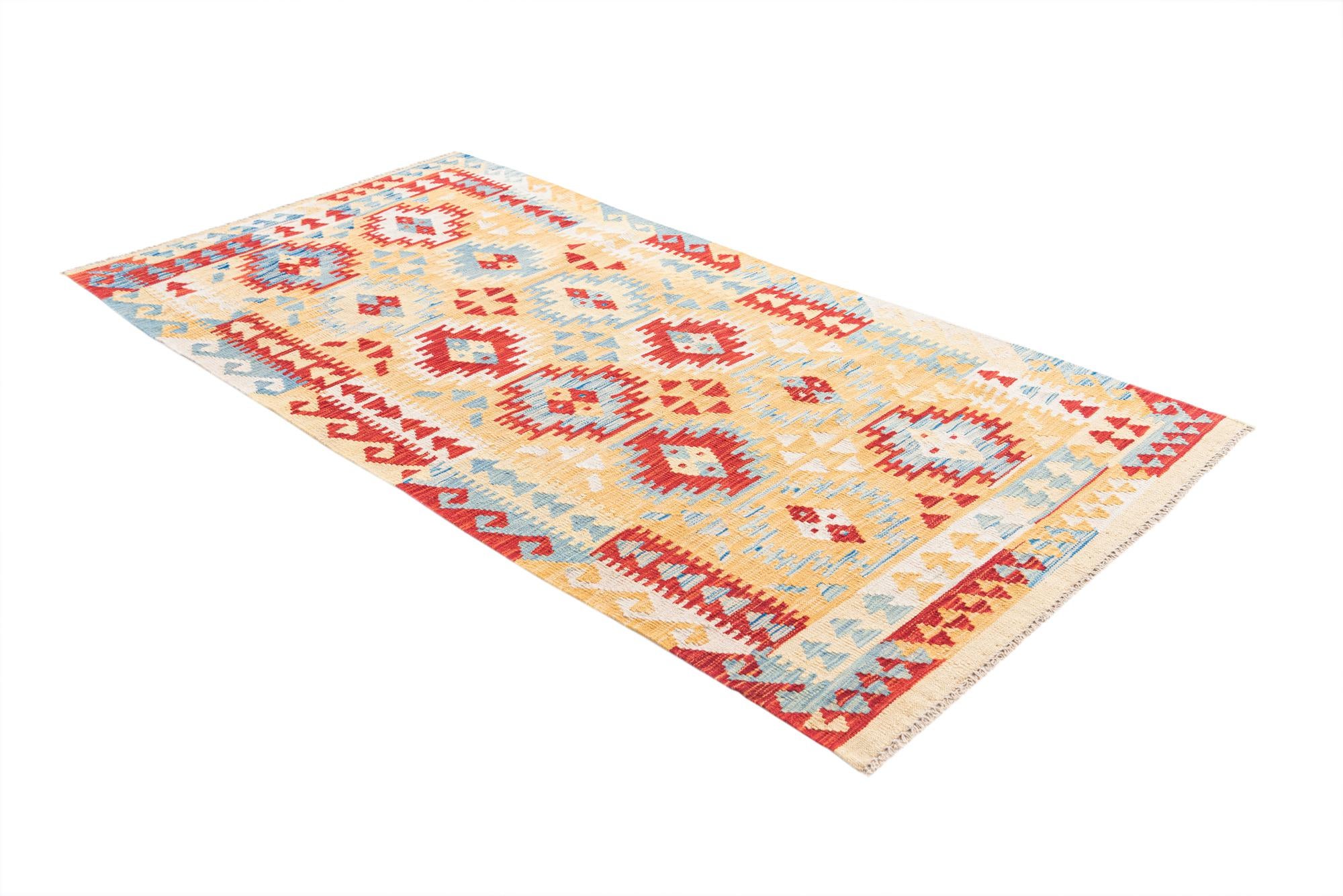 3' 5 x 6' 7 Hand Woven Kilim Maymana Wool Runner Rug