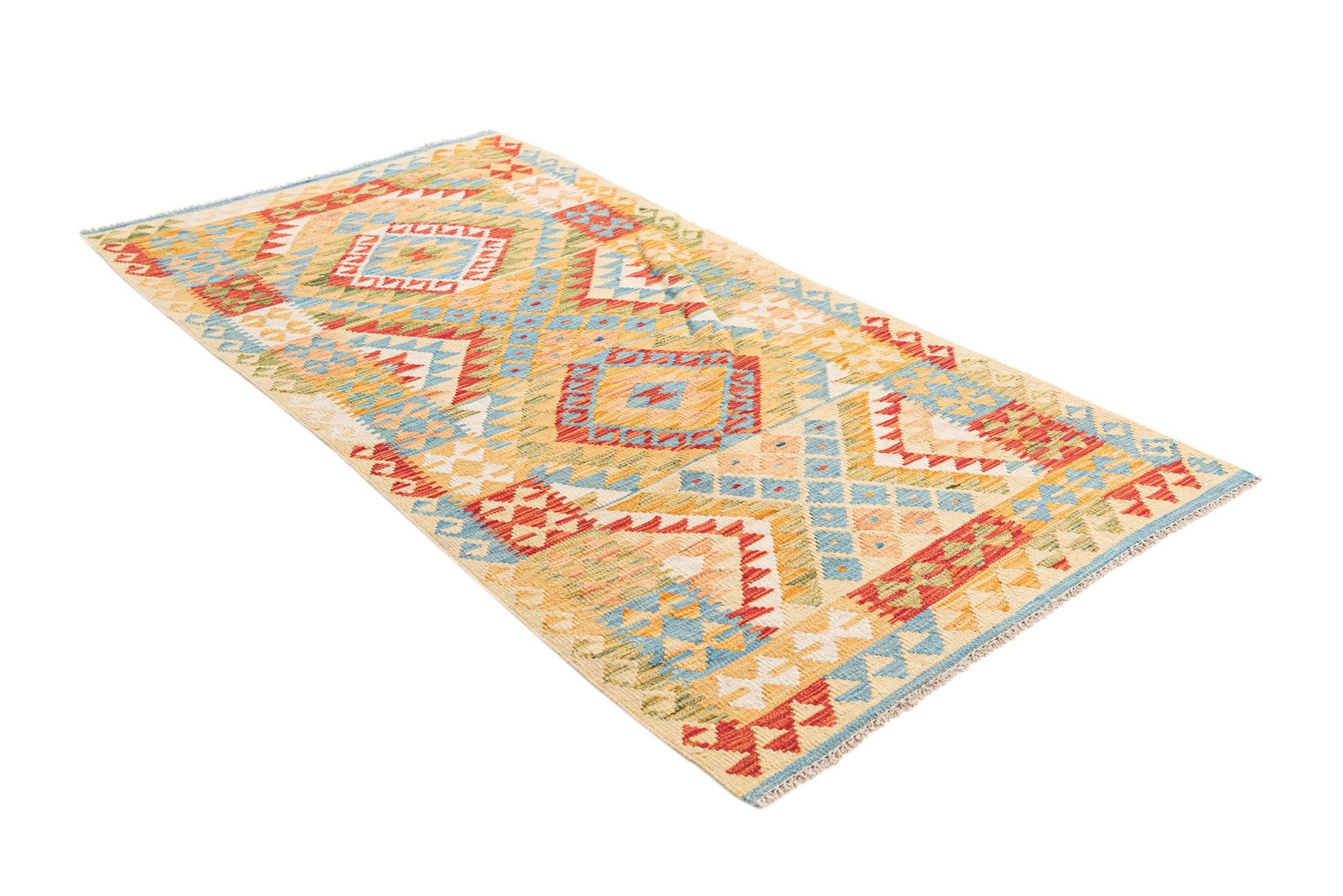 3' 2 x 6' 4 Hand Woven Kilim Maymana Wool Runner Rug