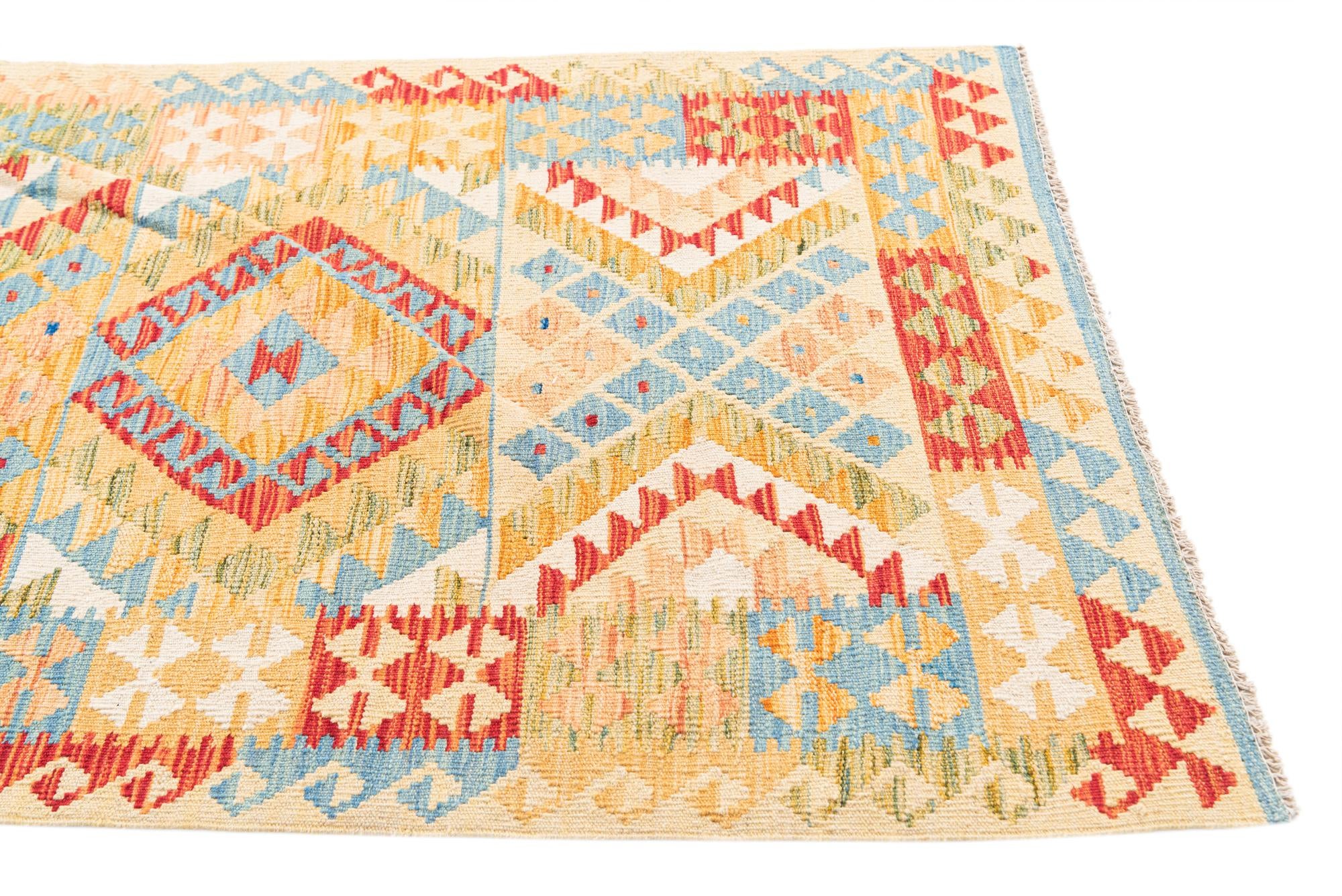 3' 2 x 6' 4 Hand Woven Kilim Maymana Wool Runner Rug