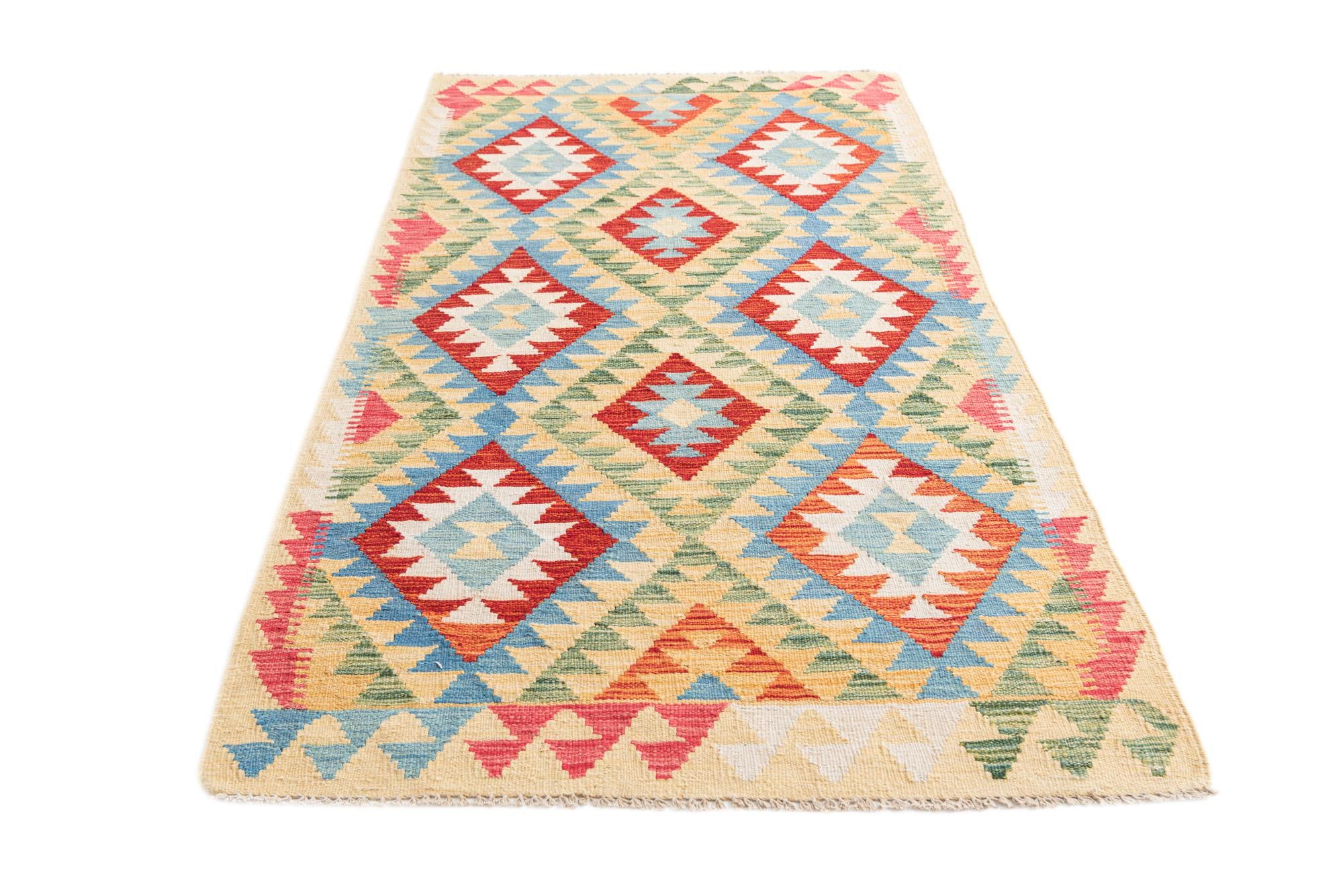 3' 3 x 6' 3 Hand Woven Kilim Maymana Wool Runner Rug