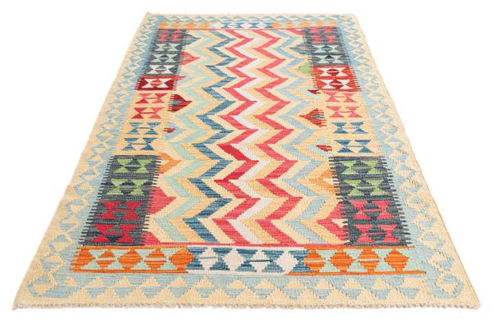 3' 8 x 6' 3 Hand Woven Kilim Maymana Wool Runner Rug