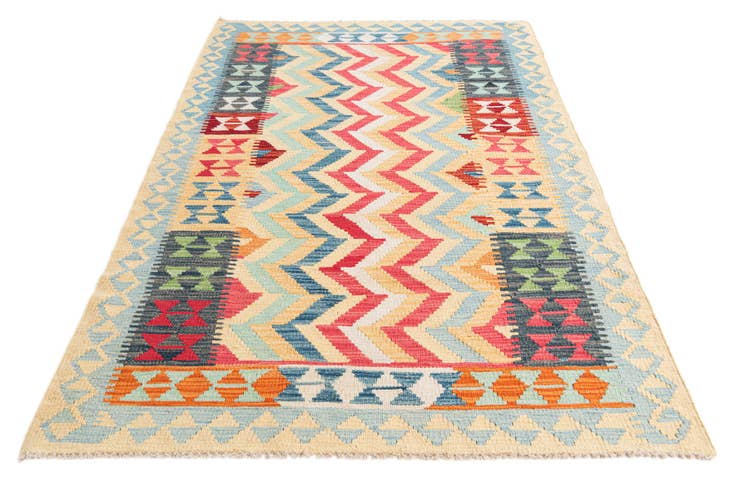 Detail image of 3' 8 x 6' 3 Hand Woven Kilim Maymana Wool Runner Rug