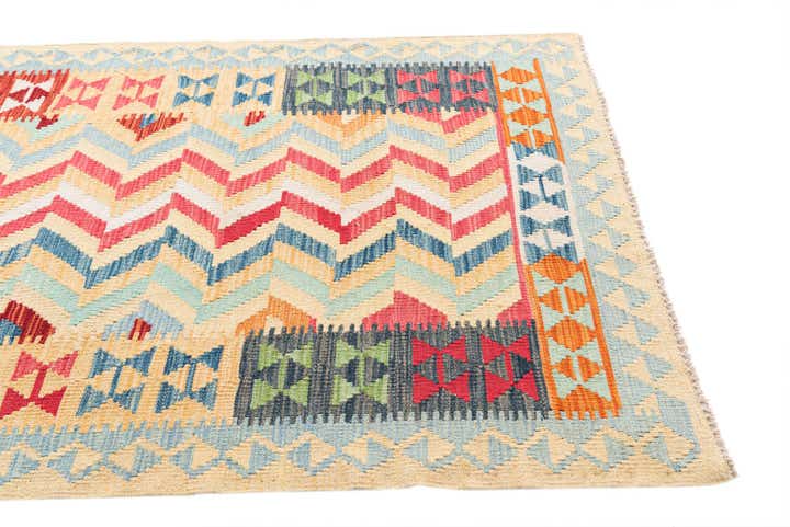 3' 8 x 6' 3 Hand Woven Kilim Maymana Wool Runner Rug