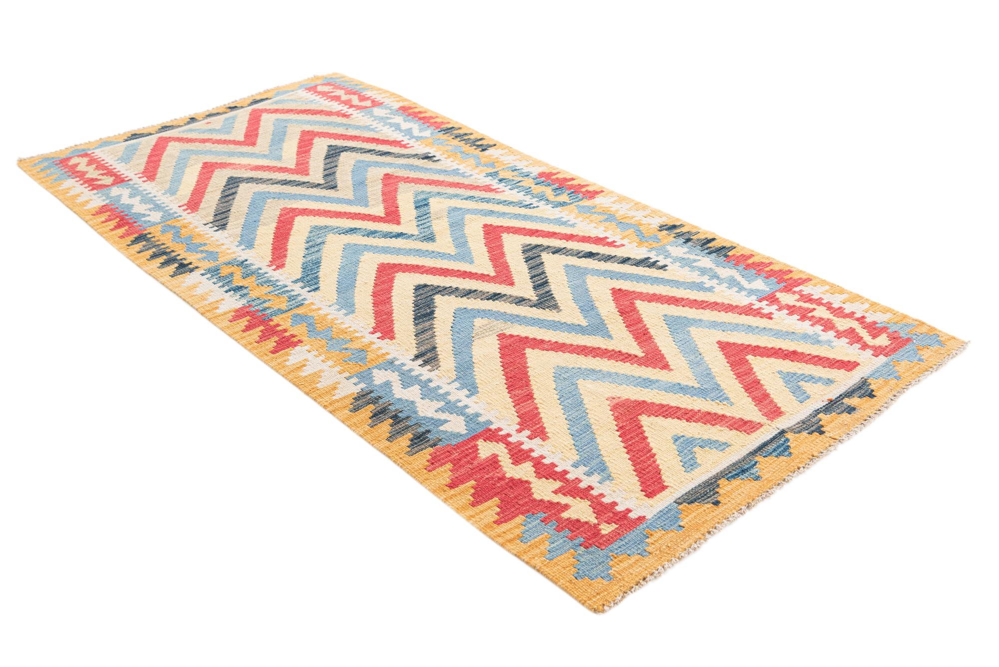 3' 3 x 6' 8 Hand Woven Kilim Maymana Wool Runner Rug