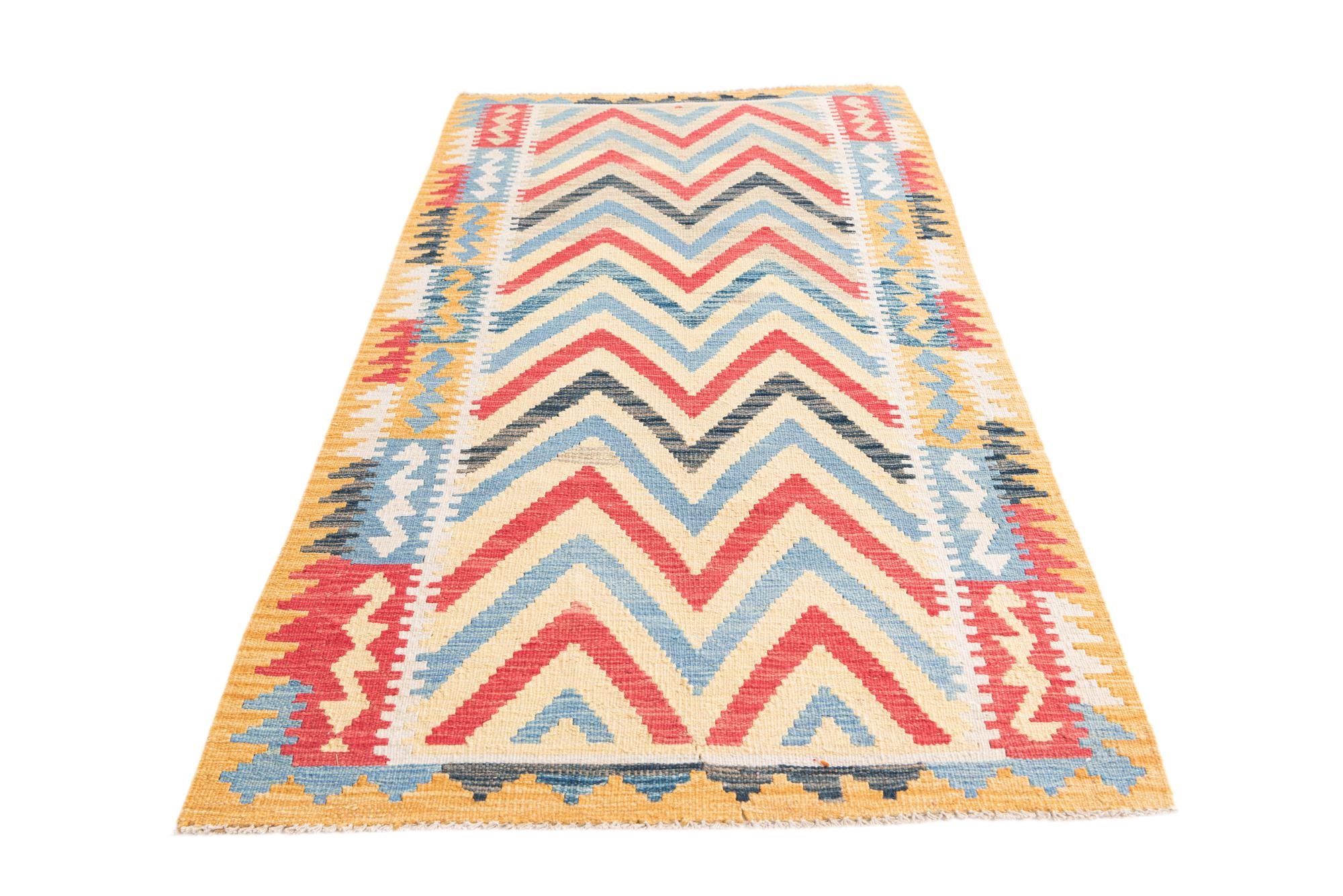 3' 3 x 6' 8 Hand Woven Kilim Maymana Wool Runner Rug