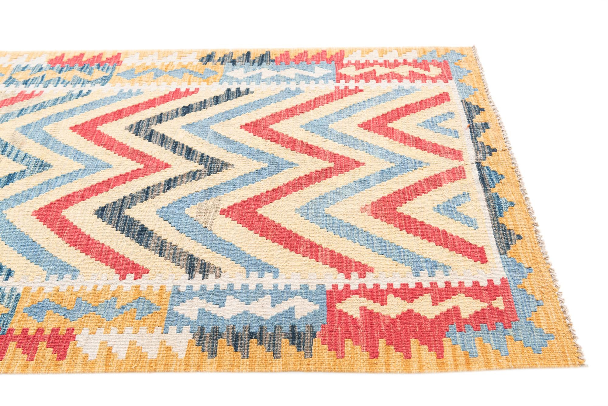 3' 3 x 6' 8 Hand Woven Kilim Maymana Wool Runner Rug