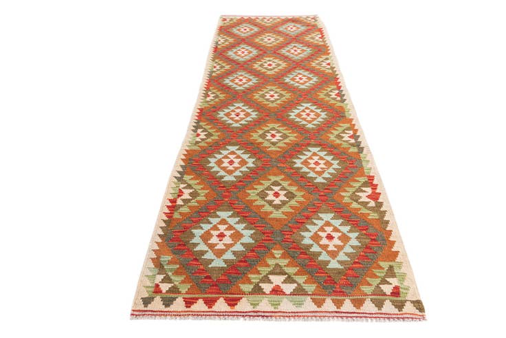 Detail image of 2' 8 x 9' 10 Hand Woven Kilim Maymana Wool Runner Rug