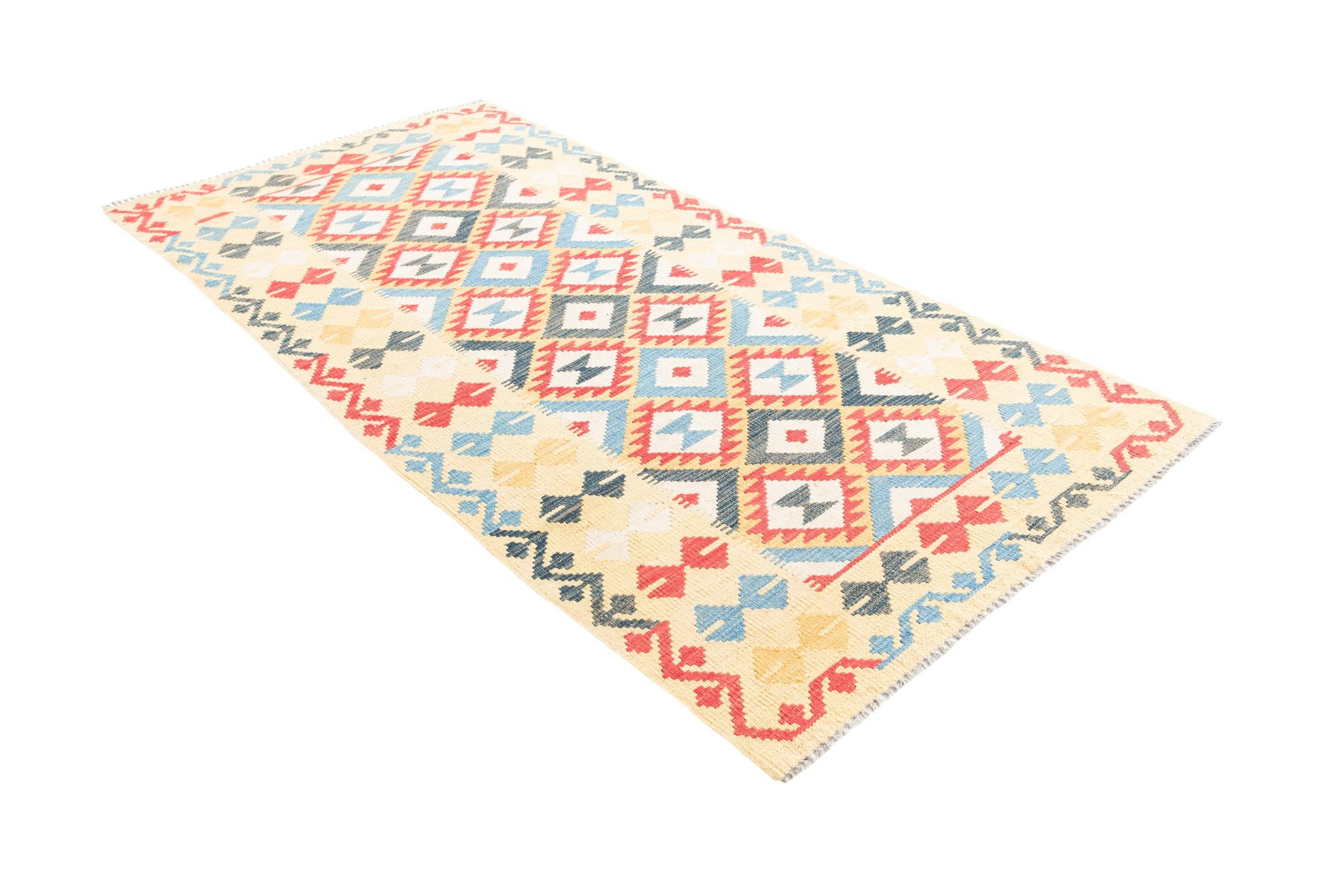 3' 5 x 6' 9 Hand Woven Kilim Maymana Wool Runner Rug