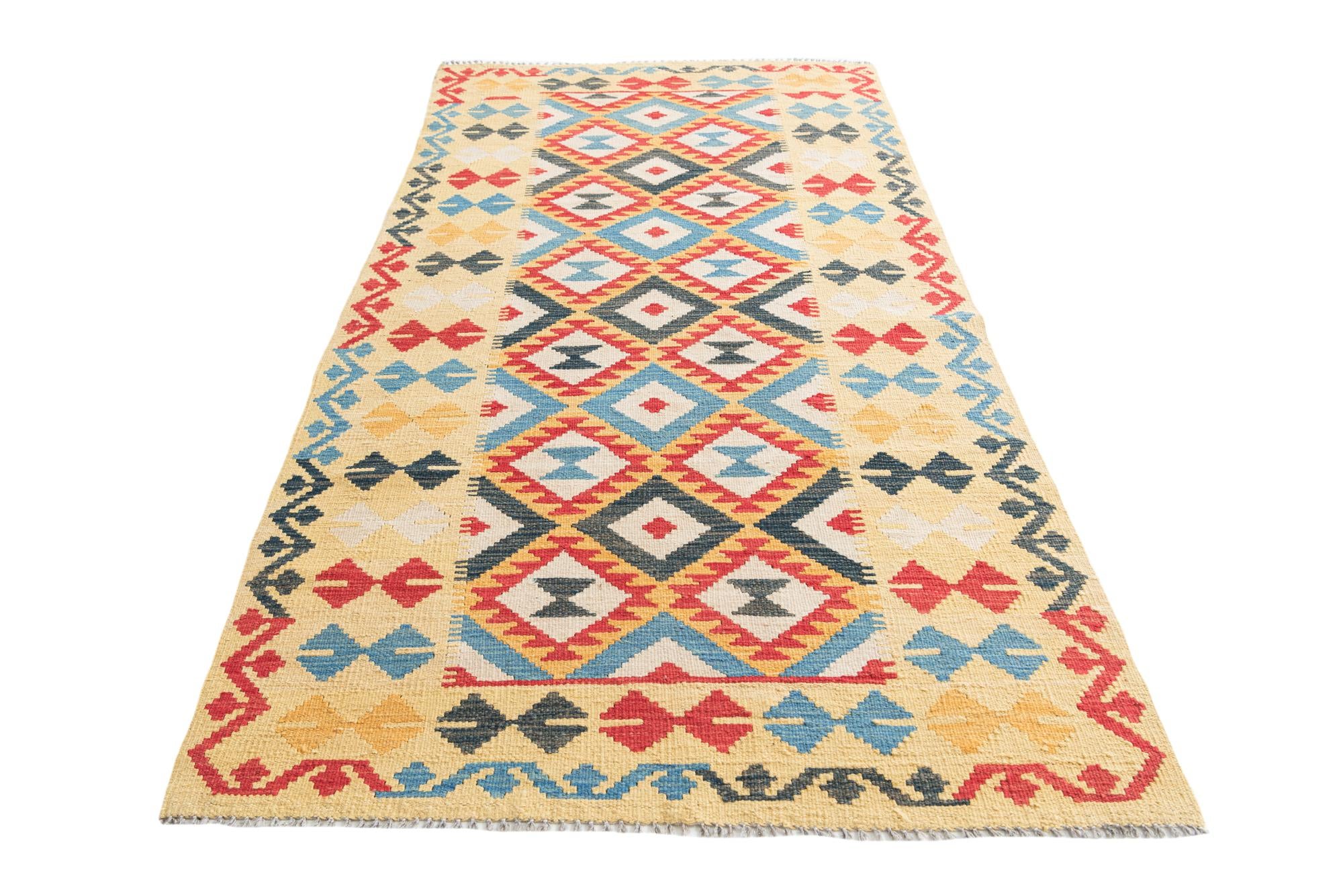 3' 5 x 6' 9 Hand Woven Kilim Maymana Wool Runner Rug