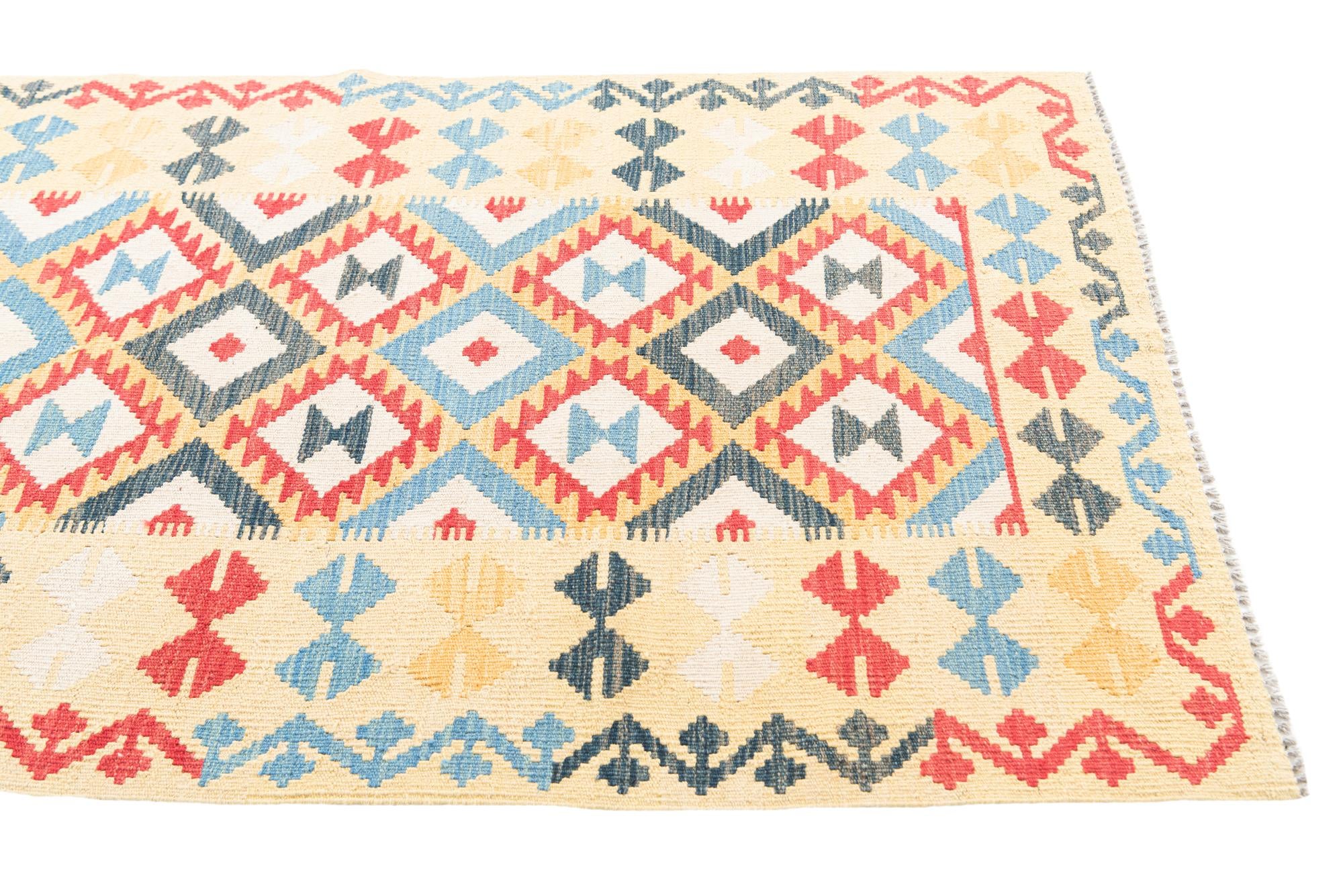3' 5 x 6' 9 Hand Woven Kilim Maymana Wool Runner Rug