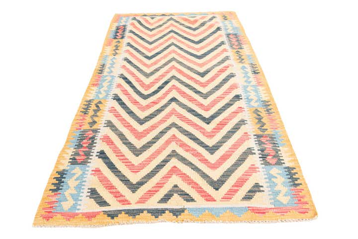 3' 4 x 6' 8 Hand Woven Kilim Maymana Wool Runner Rug