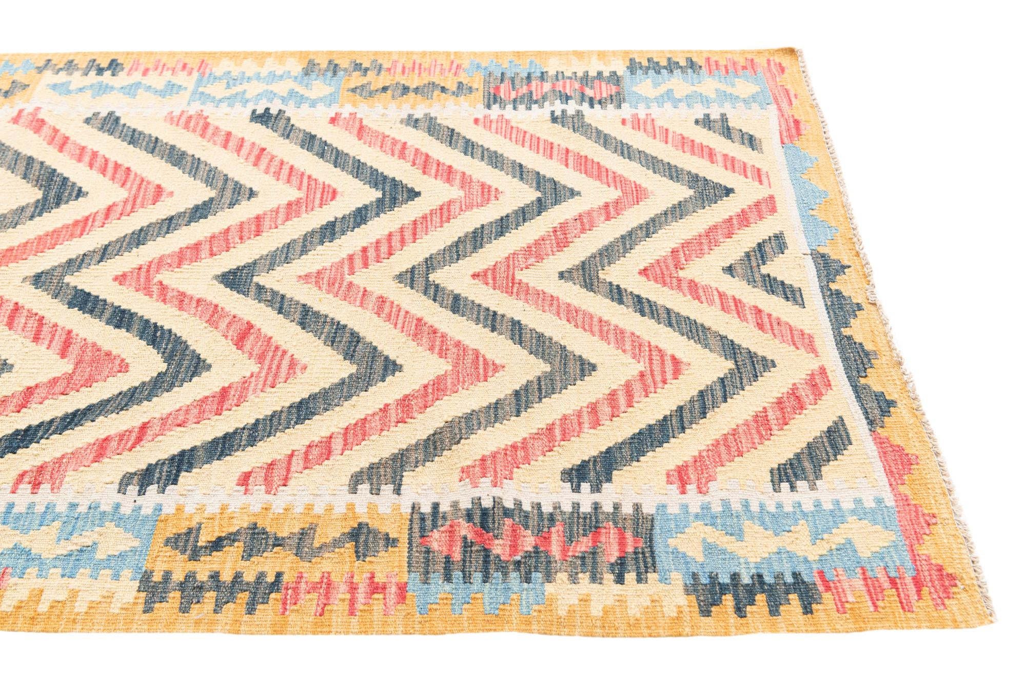 3' 4 x 6' 8 Hand Woven Kilim Maymana Wool Runner Rug