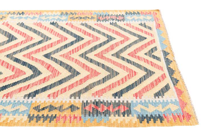 3' 4 x 6' 8 Hand Woven Kilim Maymana Wool Runner Rug