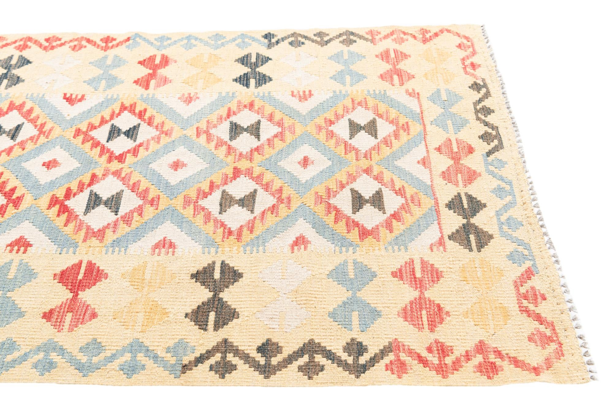 3' 3 x 6' 8 Hand Woven Kilim Maymana Wool Runner Rug