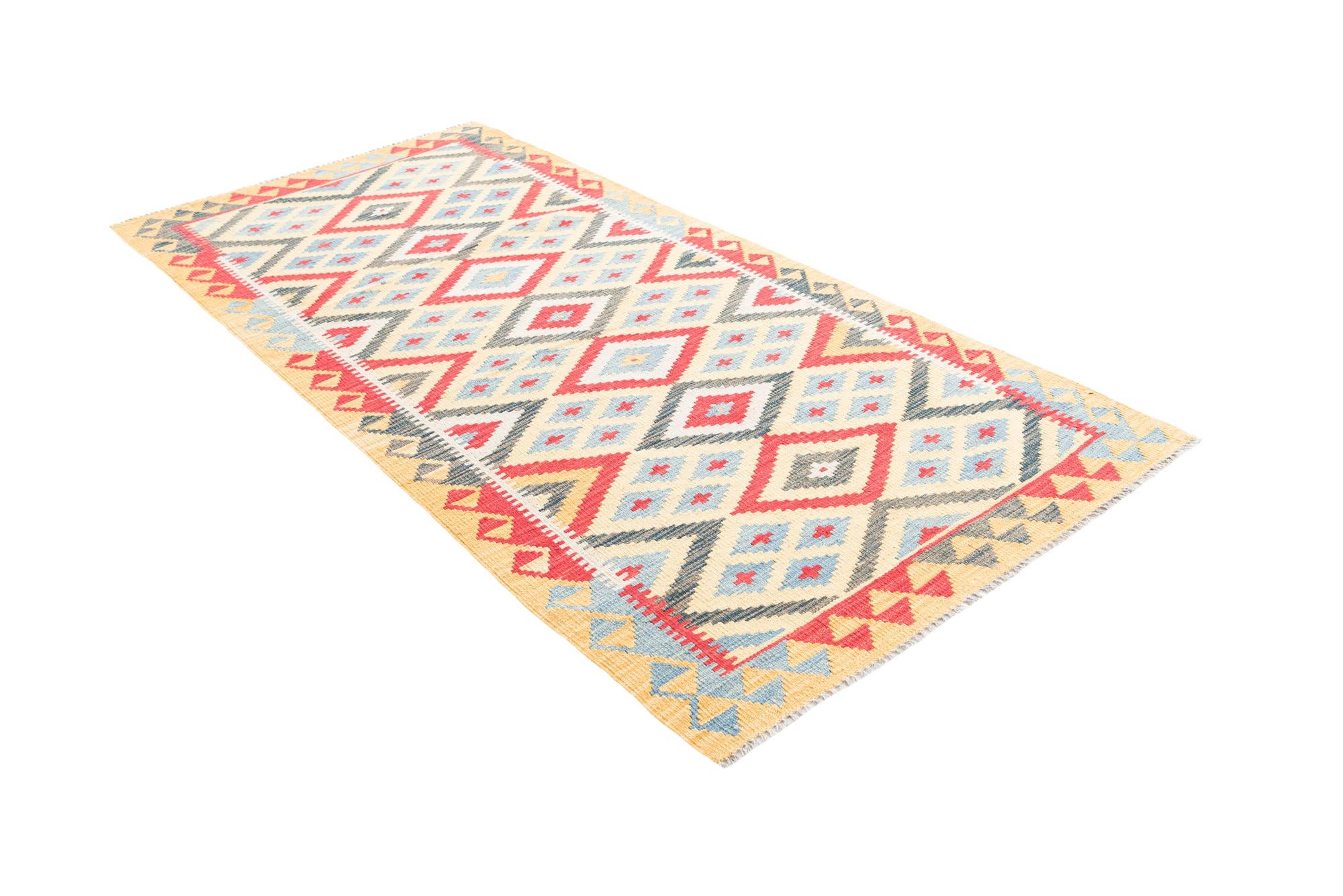 3' 5 x 6' 9 Hand Woven Kilim Maymana Wool Runner Rug