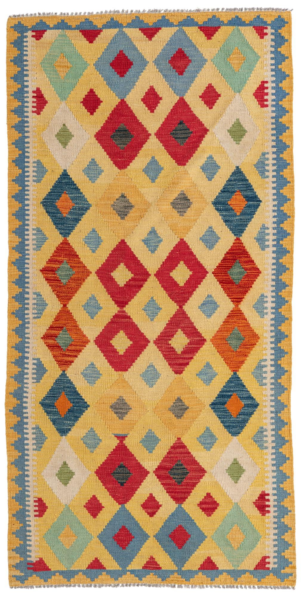 3' 4 x 6' 8 Hand Woven Kilim Maymana Wool Runner Rug
