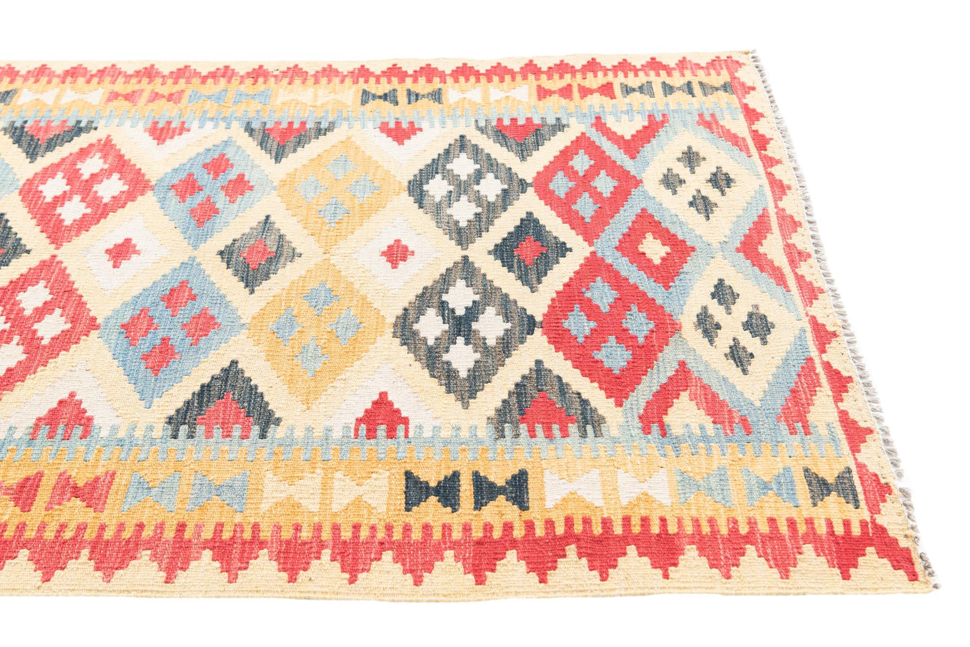 3' 5 x 6' 9 Hand Woven Kilim Maymana Wool Runner Rug