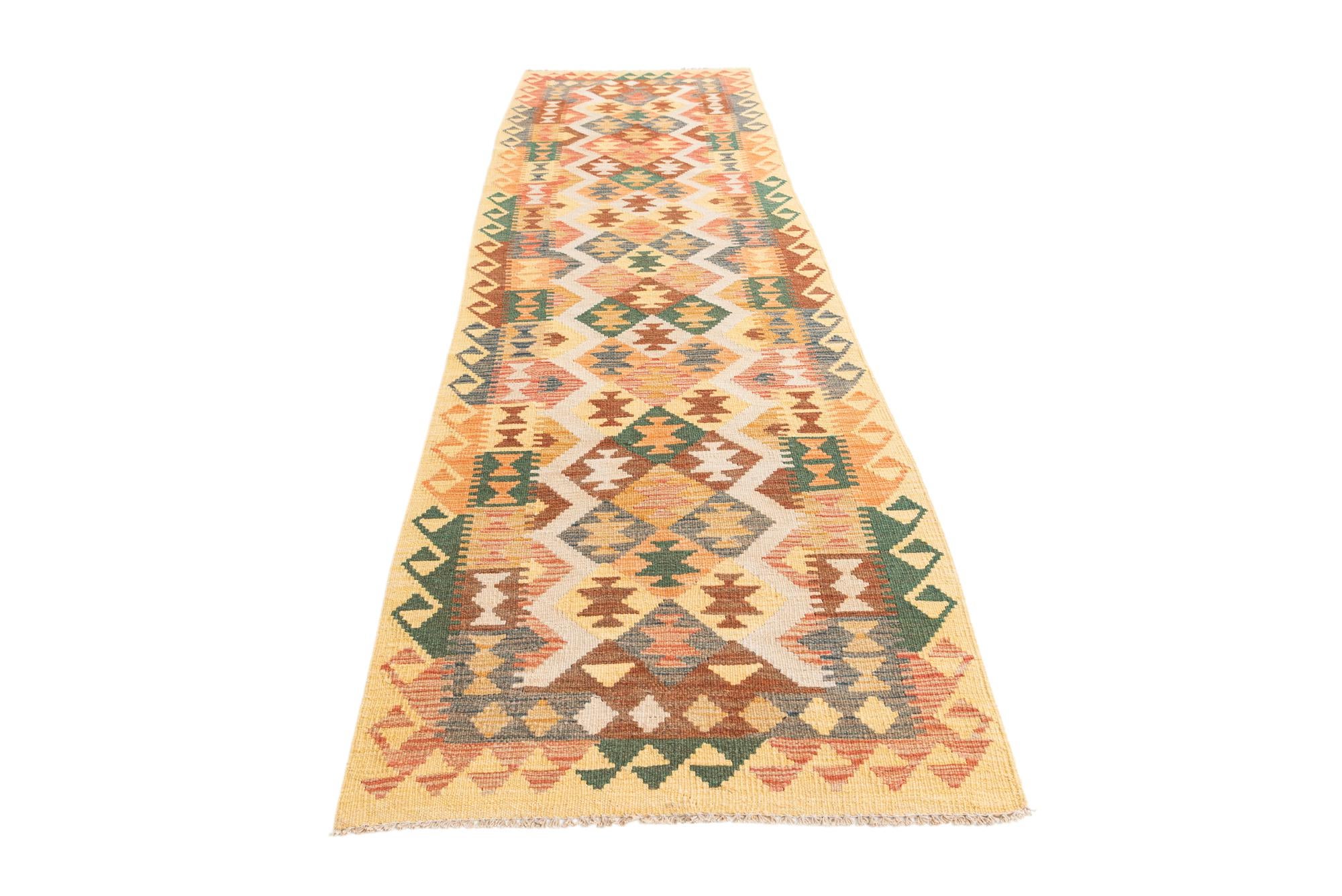 2' 9 x 9' 7 Hand Woven Kilim Maymana Wool Runner Rug