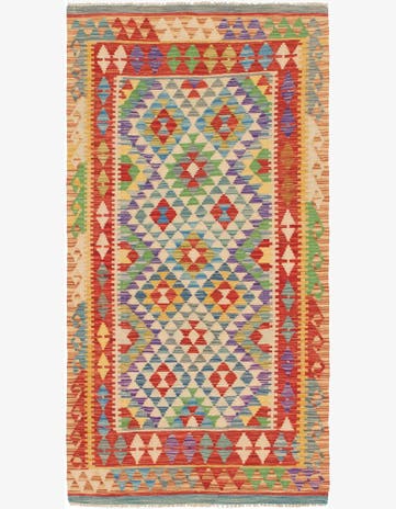 3' 4 x 6' 6 Hand Woven Kilim Maymana Wool Runner Rug