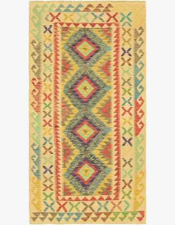3' 4 x 6' 5 Hand Woven Kilim Maymana Wool Runner Rug