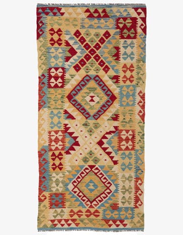 3' 4 x 6' 10 Hand Woven Kilim Maymana Wool Runner Rug