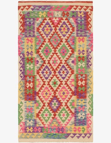 3' 4 x 6' 3 Hand Woven Kilim Maymana Wool Runner Rug