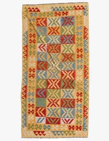 3' 5 x 6' 8 Hand Woven Kilim Maymana Wool Runner Rug