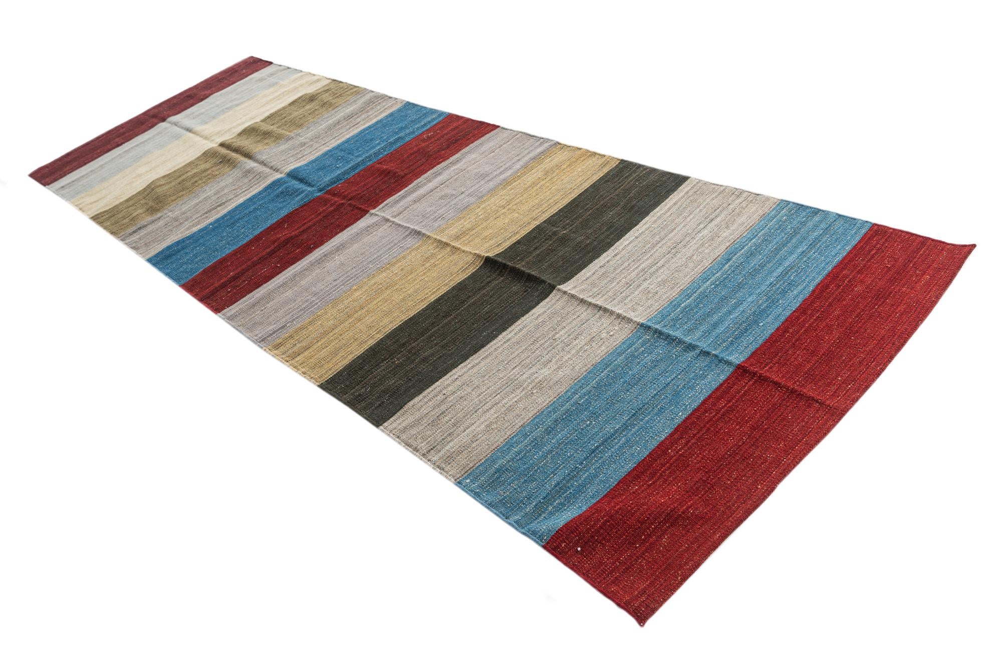 3' 8 x 11' Hand Woven Kilim Modern Wool Runner Rug