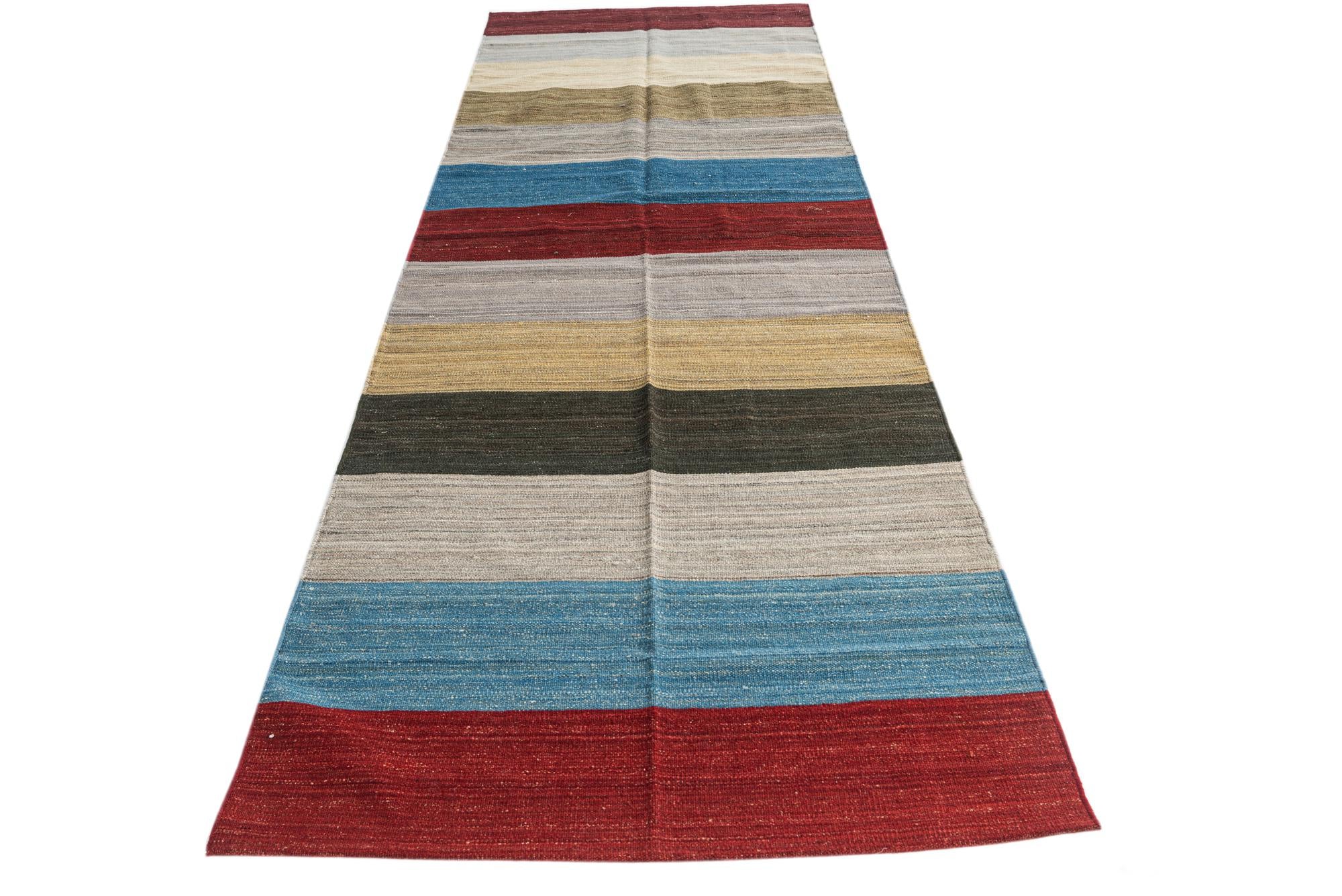 3' 8 x 11' Hand Woven Kilim Modern Wool Runner Rug