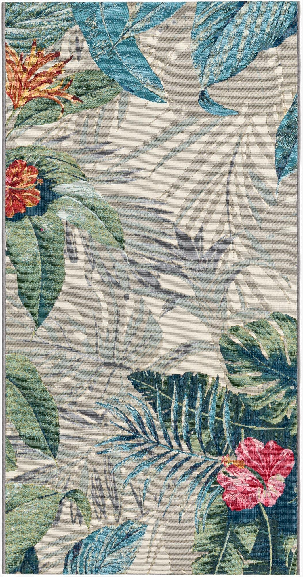 Primary image 2' 7 x 5' 3  Washable Botanical Indoor / Outdoor Runner Rug