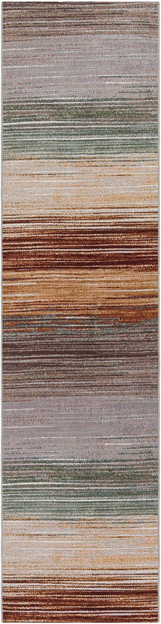 A 10 Ft runner rug with a modern striped pattern in shades of brown, green, beige, and grey, suitable for a hallway or patio.