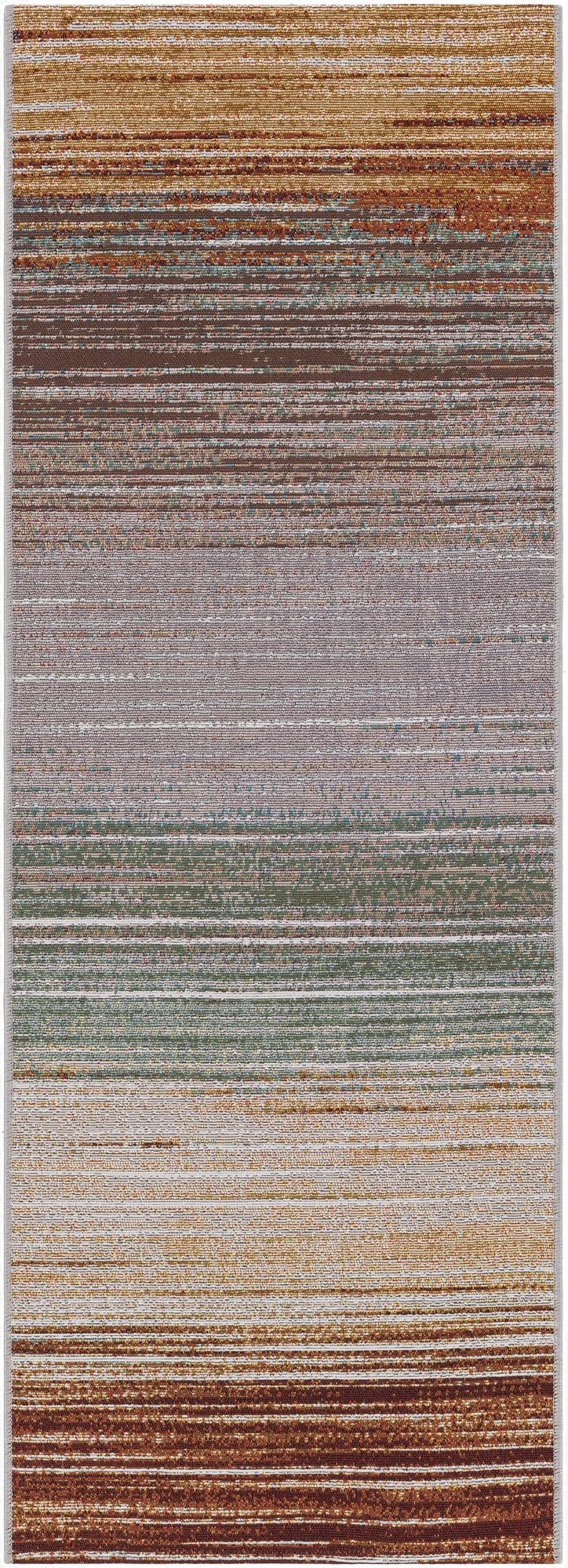 A 6 ft runner rug featuring a modern abstract pattern with horizontal stripes in multi-colored hues of brown, orange, green, and gray.