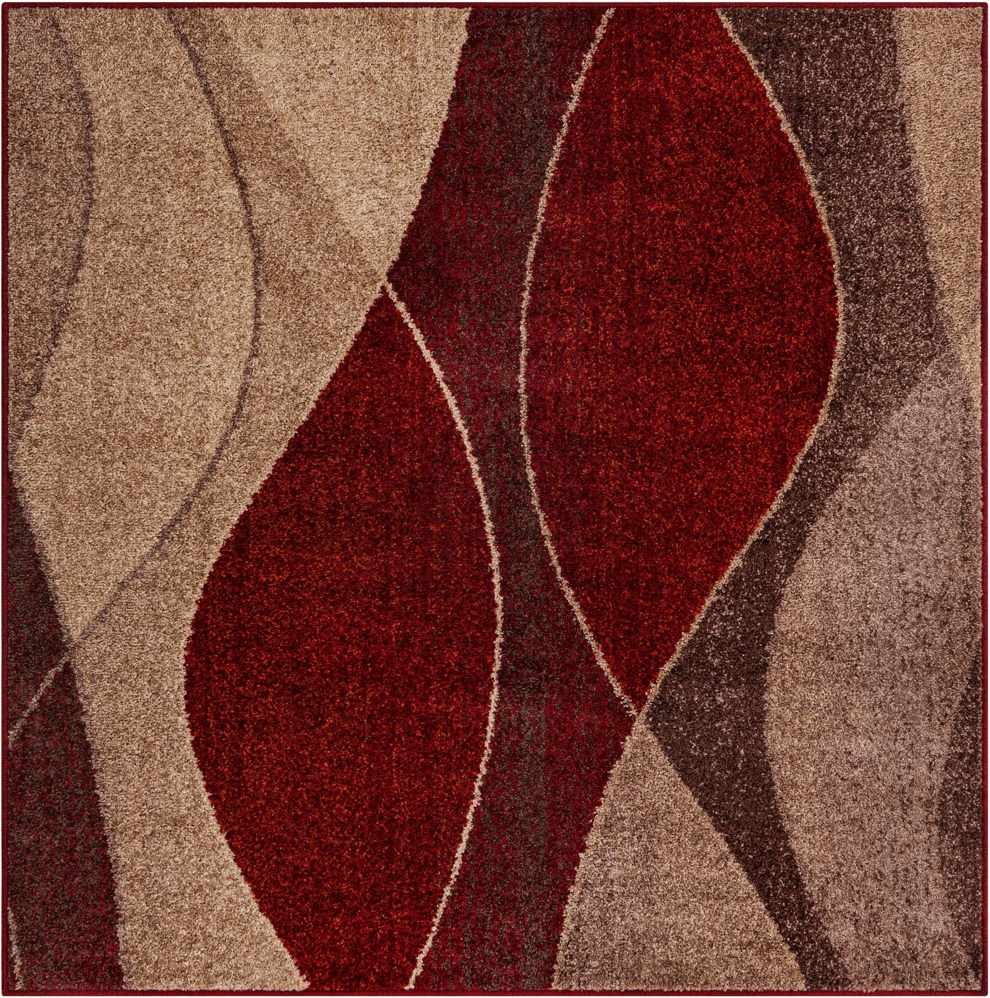 A square multi-colored rug with an abstract pattern featuring large, flowing shapes in red, beige, and brown tones.